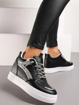 Czarne Sneakersy na Ukrytym Koturnie Ozdobione Cyrkoniami Maatisa