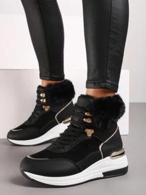 Czarne Sneakersy na Ukrytym Koturnie z Futerkową Wstawką i Metalicznym Akcentem Kaivn