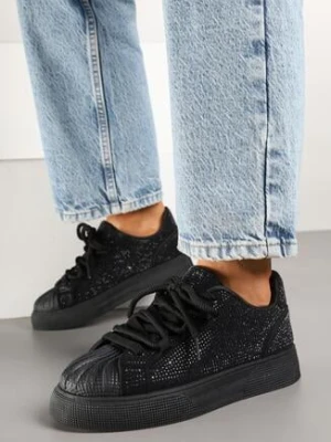 Czarne Sneakersy Ozdobione Cyrkoniami i Tłoczonym Noskiem Calreis
