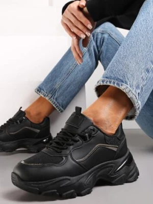 Czarne Sneakersy przed Kostkę na Grubej Podeszwie z Metalicznymi Wstawkami Sepella