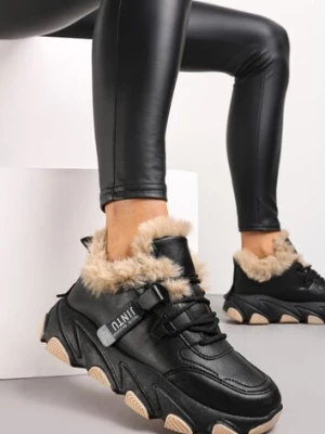 Czarne Sneakersy Przed Kostkę na Płaskiej Grubej Podeszwie z Ociepleniem ze Sztucznego Futerka Borrolla