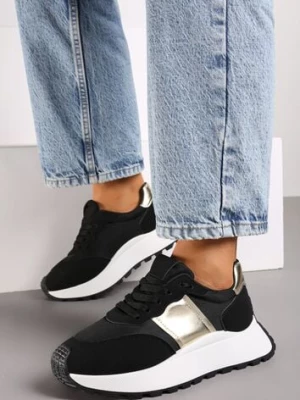 Czarne Sneakersy przed Kostkę na Platformie z Ozdobnymi Wstawkami Benace