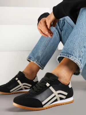 Czarne Sneakersy przed Kostkę z Paskami na Cholewce Deniffia yolera