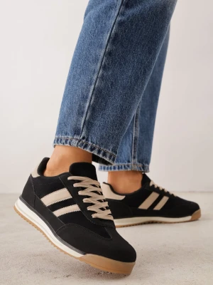 Czarne Sneakersy Retro z Ozdobnymi Przeszyciami i Wstawkami o Fakturze Zamszu Isanna