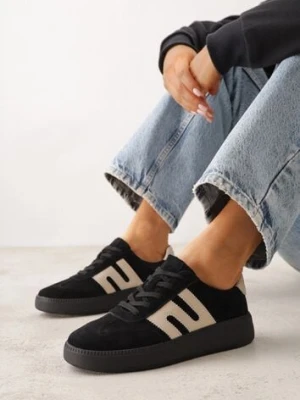 Czarne Sneakersy Skórzane w Stylu Tenisówek z Geometrycznym Wzorem Eshiryla santorio