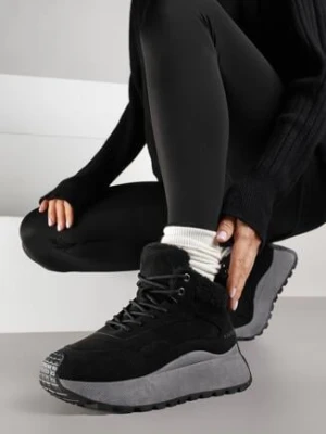 Czarne Sneakersy Śniegowce Vices na Grubej Podeszwie Ozdobione Futerkiem i Napisem Nelinena