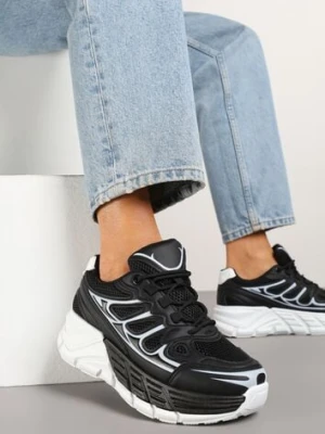 Czarne Sneakersy Streetwearowe na Tłoczonej Platformie Tertewia