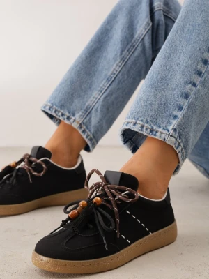 Czarne Sneakersy Typu Klasyczne Tenisówki Retro z Podwójnym Wiązaniem z Frędzlami Kotena