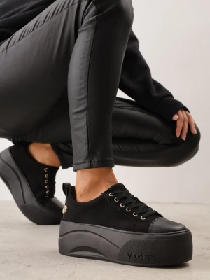 Czarne Sneakersy VICES na Platformie z Metaliczną Aplikacją i Napisem Beli