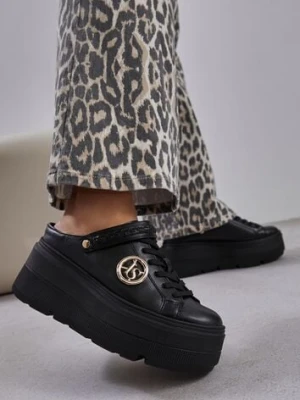 Czarne Sneakersy Vices na Platformie z Tłoczeniem Paskiem na Pięcie i Metaliczną Aplikacją Selfedi
