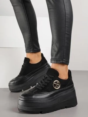 Czarne Sneakersy Vices na Platformie Zdobione Okrągłą Aplikacją Wodvire