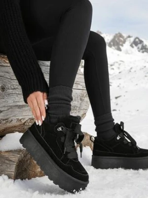 Czarne Sneakersy Vices w Stylu Śniegowców na Platformie z Ozdobnym Futerkiem Nalirea