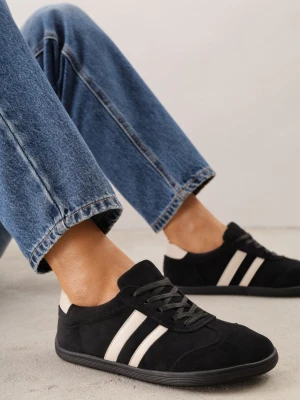Czarne Sneakersy w Stylu Barefoot z Szerokim Noskiem z Imitacji Zamszu Ozdobione Paskami Canne Ideal