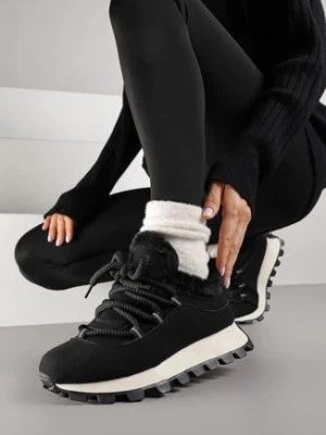 Czarne Sneakersy w Stylu Śniegowców na Grubej Podeszwie z Tłoczeniem Sinetta givana