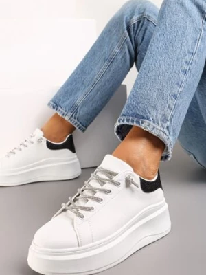 Biało-Czarne Sneakersy z Cyrkoniami na Sznurowadłach i Brokatem Terisla