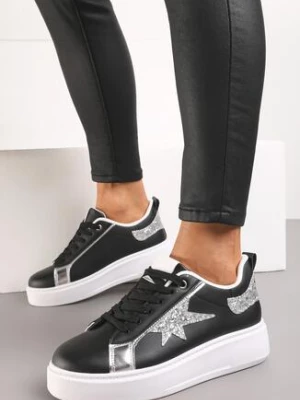 Czarne Sneakersy z Ekoskóry na Platformie z Brokatową Gwiazdką Lominia