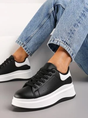 Czarne Sneakersy z Ekoskóry na Platformie ze Sznurowaniem Telretia