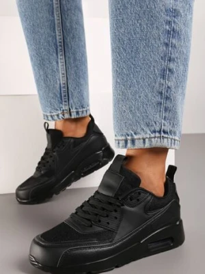 Czarne Sneakersy z Ekoskóry ze Sznurowaniami i Podeszwą Typu Air Walana