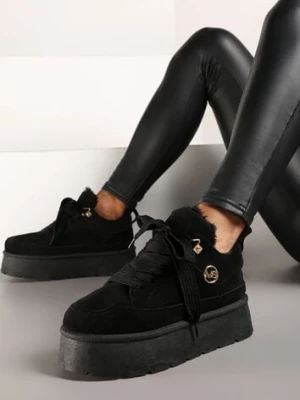 Czarne Sneakersy z Ekozamszu na Grubej Podeszwie Wyściełane Futerkiem Senavel