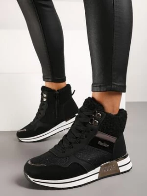 Czarne Sneakersy z Futrem Metaliczną Wstawką i Brokatowym Połyskiem Saliwenna