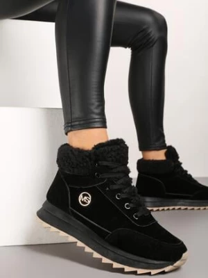 Czarne Sneakersy z Imitacji Zamszu Mocno Ocieplane Futrem Metarilea