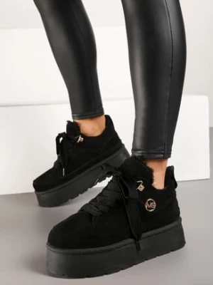 Czarne Sneakersy z Imitacji Zamszu na Platformie Ocieplane Futrem Sennalia