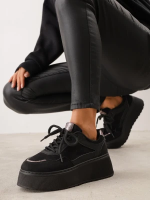 Czarne Sneakersy z Łączonych Materiałów na Grubej Podeszwie ze Żłobieniami Viko Givana