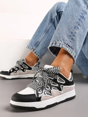 Czarne Sneakersy z Metalicznym Błyskiem i Podwójnym Sznurowaniem Piniara