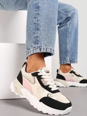 Zdjęcie produktu Beżowo-Czarne Sneakersy z Metalicznymi i Siateczkowymi Wstawkami Efalia