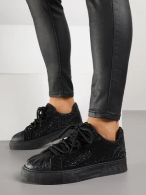 Czarne Sneakersy z Tłoczeniami na Nosku Zdobione Cyrkoniami Jadefesa marquiiz