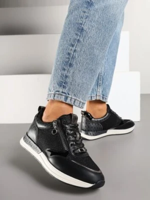 Czarne Sneakersy z Wkładką ze Skóry Naturalnej Zdobione Suwakiem Fihanor