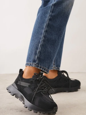 Czarne Sneakersy z Zamszu na Grubej Podeszwie z Podwójnym Sznurowaniem Linoza Goodin