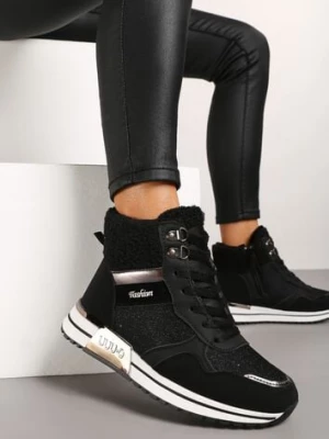 Czarne Sneakersy Zdobione Metaliczną Aplikacją Brokatem i Futrem Saliriel