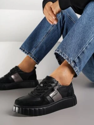 Czarne Sneakersy ze Skóry Naturalnej z Metalicznym Zdobieniem Zorentee