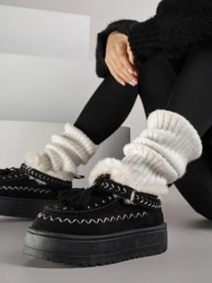 Czarne Śniegowce na Grubej Podeszwie z Frędzlami i Haftem Linodis fashion belle