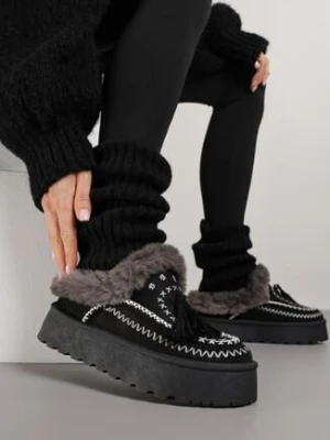 Czarne Śniegowce na Grubej Podeszwie z Haftem i Futerkiem Ezilune gavi