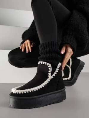 Czarne Śniegowce na Grubej Podeszwie z Haftem Maretusa mulanka