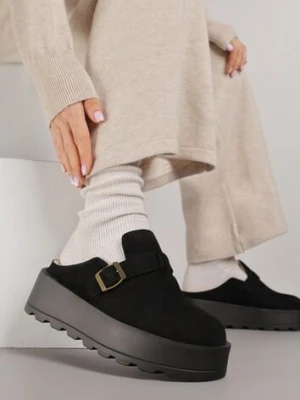 Czarne Śniegowce na Grubej Podeszwie z Niską Cholewką i Ozdobną Klamerką Vetibela