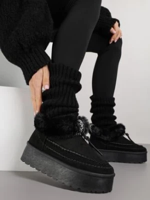 Czarne Śniegowce na Grubej Podeszwie z Ozdobnymi Przeszyciami i Futerkiem Lindera kafeini