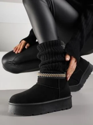 Czarne Śniegowce na Grubej Podeszwie Zdobione Haftem Sewnella ballada