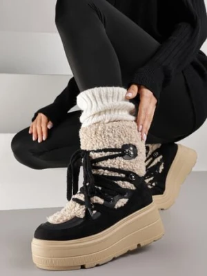 Czarne Śniegowce na Grubej Podeszwie ze Sznurowaną Cholewką z Futerkiem Zerisa super mode