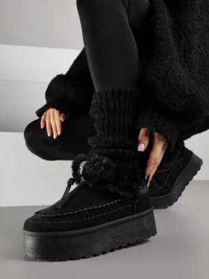 Czarne Śniegowce na Platformie Ozdobione Futerkiem i Przeszyciami Linerva kafeini