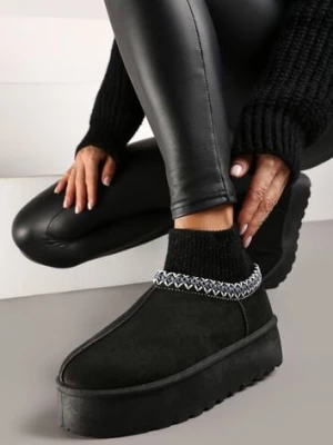 Czarne Śniegowce na Platformie Ozdobione Haftem i Elastyczną Cholewką Izaleen