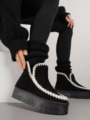 Czarne Śniegowce na Platformie Ozdobione Haftowanym Wzorem Naretusa mulanka