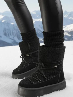 Czarne Śniegowce na Platformie z Futerkiem i Sznurowaniem Fumnanya