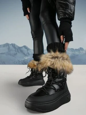 Czarne Śniegowce na Platformie z Futerkiem i Wiązaniem Eudaim