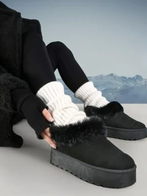 Czarne Śniegowce na Platformie z Wywiniętym Futerkiem Tiriola