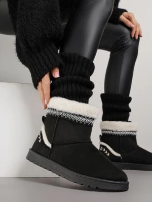 Czarne Śniegowce o Wsuwanym Fasonie z Haftem i Futrem przy Cholewce Mevinadia yolera