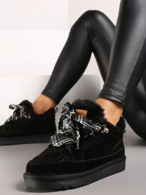 Czarne Śniegowce Typu Sneakersy ze Skóry Naturalnej Wyściełane Futerkiem Venalise