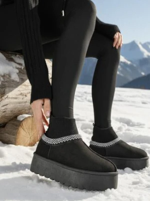 Czarne Śniegowce VICES na Grubej Podeszwie z Haftem i Skarpetkową Cholewką Enantia